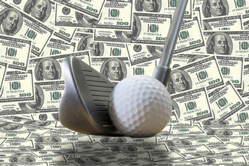 a golf iron, a golf ball and us dollars