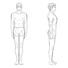 Vector illustration template of men's figure. Front, side views. Silhouettes