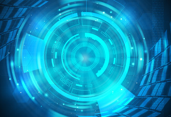 Blue technology background and abstract digital tech circle fractal radial.