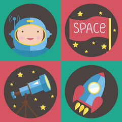 Space objects cartoon icons. Astronaut in helmet smiling face, flag with text, telescope on stand, flying rocket vector illustrations on red and green background. For app button, logo, web design
