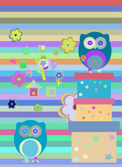 Background with flower, owls and gift boxes