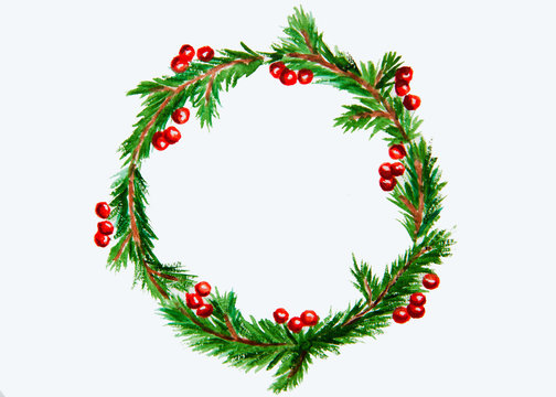 New year and Christmas wreath - fir tree and mistletoe on white