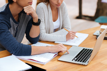 Obraz premium Serious young couple with laptop sitting and writing together
