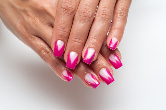 Pink French manicure with broken glass on the long square nails