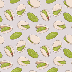 Seamless pattern with shelled and whole pistachio nuts. Hand drawn vector seamless pattern, eps10. For backgrounds, packaging, ads, interiors, labels and other designs.