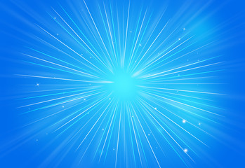 Abstract sparkles rays light explosion blue background/texture.