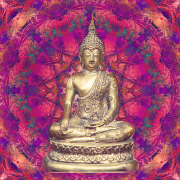 Buddha statue sitting in lotus in abstract mandala picture