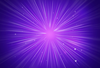 Abstract sparkles rays light explosion purple background/texture.