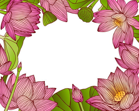 Floral frame of pink lotus flowers
