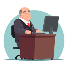 Old Adult Businessman Work Computer Table Character Icon Retro Cartoon Design Vector Illustration