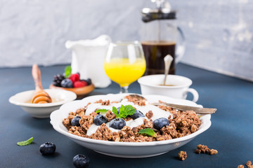 Fototapeta na wymiar Homemade chocolate granola or muesli with yogurt and fresh blueberries for healthy morning breakfast, selective focus. Healthy food background with copy space for text.