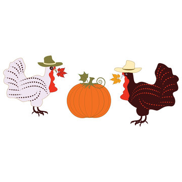 Two turkey hat pumpkin isolated white background Thanksgiving Day vector element for design