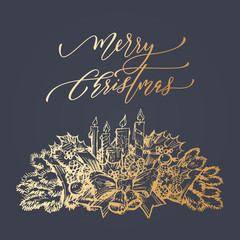 Christmas wreath bow of gold glitter for greeting card