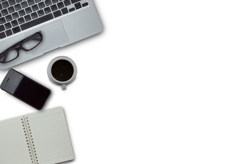 Office desk table with computer, supplies, coffee cup and flower on white background.Top view with copy space.