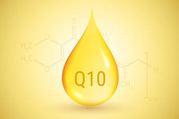 Coenzyme Q10. Gold drop of oil. Hyaluronic acid. Vector illustration.