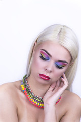 Beauty Girl Portrait with Colorful Makeup.Studio Shot of Stylish Woman. Vivid Colors. Rainbow Color.