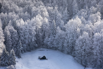 Small wooden house in winter in the mountains surrounded by snow