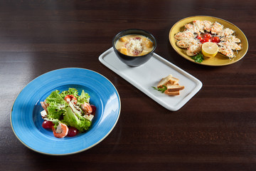 Restaurant table full of delicious food