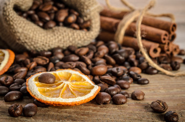 Christmas attributes. Coffee beans , dry orange and cinnamon sti