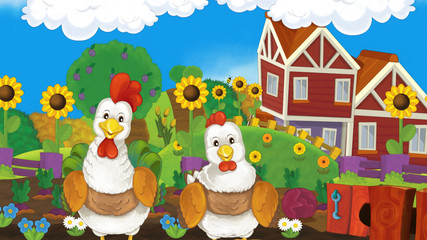 Cartoon farm happy scene with standing rooster and hen - illustration for children