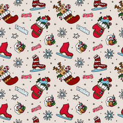 Seamless Christmas pattern. Hand Drawing deer, rooster, snowflakes, ice skates, gift, mittens, sock, candle. Lettering. "Winter" "xmas" text.