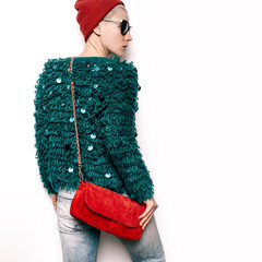 Hipster Model Stylish Urban Swag. Autumn outfit. Beanie Hat. Sty