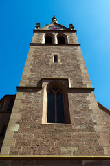 Fototapeta na wymiar frontal view to a tower dome of the St. Bonifatius catolic church, Bad Wildbad, Germany