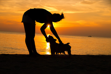 Relaxed woman and dog enjoying summer sunset or sunrise over the