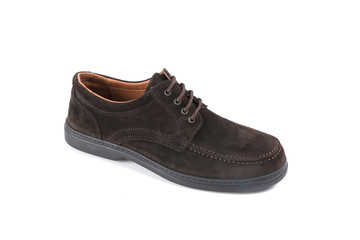 male shoes in brown leather on white background, isolated product, top view