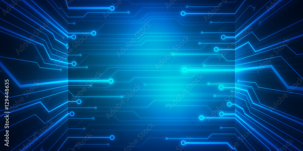 Poster digital conceptual image circuit microchip on blue background