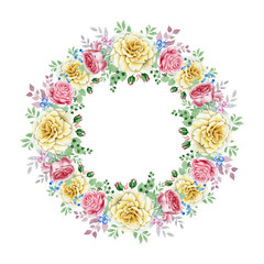 Watercolor rose wreath isolated on white background