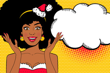 Pop art face. Sexy afro american woman with open smile in Santa Claus hat rising her hands and empty speech bubble. Vector Christmas background in pop art retro comic style. Party invitation.
