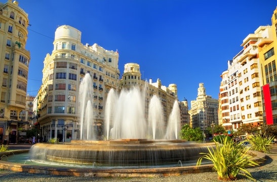 Fountain on the Plaza del Ayuntamiento of Valencia - Spain