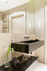 Bathroom with dark sink and mirror