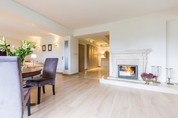 Open bright living space with fireplace