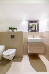 Fototapeta na wymiar Travertine bathroom with toilet and sink