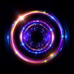 Abstract neon background. luminous swirling bunner. Glowing spiral. 
Shine round frame with light circles light effect. Glowing cover. 
Space for your message. Glossy. LED ellipse
