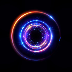 Abstract neon background. luminous swirling bunner. Glowing spiral. 
Shine round frame with light circles light effect. Glowing cover. 
Space for your message. Glossy. LED ellipse