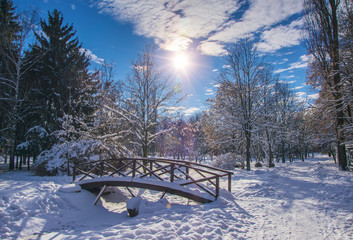 Wooden bridge covered by fresh snow in winter park