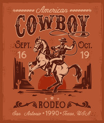 Rodeo poster with a cowboy sitting on  rearing horse in retro style
