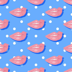 Seamless Pattern Smiling Lips Teeth on Polka Dot