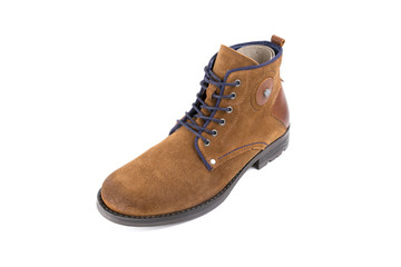 male boots brown leather on white background, isolated product, top view