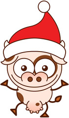 Cute spotted cow with pointy ears, big muzzle, big udder and wearing a Santa hat while wide opening its eyes, stretching its arms, smiling enthusiastically and greeting