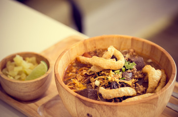 rice noodles with spicy pork sauce / A famous food of Northern of Thailand