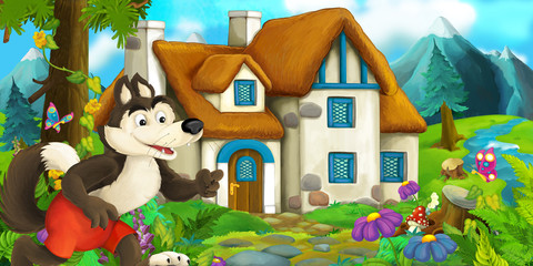 Cartoon scene of a mother or grandmother with a child in the kitchen - illustration for children