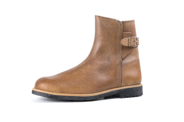 male boots brown leather on white background, isolated product, top view