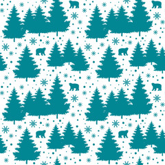 Winter Holiday seamless pattern with christmas trees, bears, snowflakes. Vector falling snow background for christmas card.