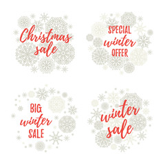 Christmas sale, Winter sale, Big winter sale, Special winter offer labels, banners, sticker set. Vector winter holidays backgrounds with hand lettering calligraphy, Christmas silver snowflakes.