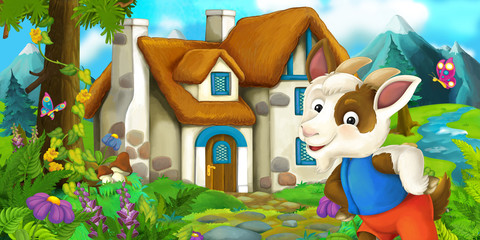 Cartoon scene with goat near village house - illustration for children