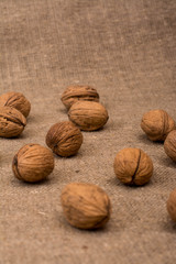 Walnuts on sackcloth fabric